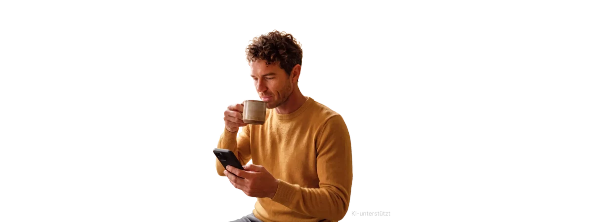 herbst mann mit tasse und smartphone in der hand
